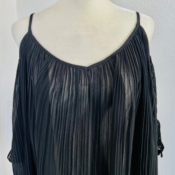 Forever 21 Black Crepe Pleated Cold Shoulder Sheer Spaghetti Strap Blouse Top - Picture 6 of 7